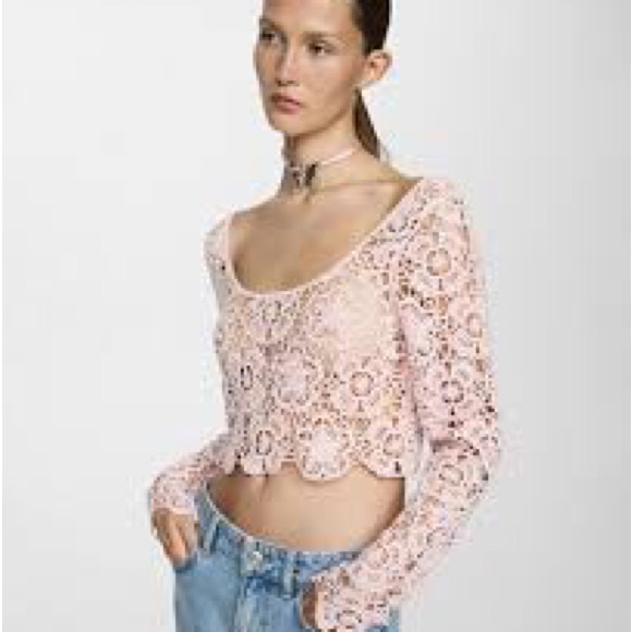 Zara Medium Pink Crochet Crop Top Long Sleeve Boho Scallop Floral Scoop Neckline - Picture 4 of 13